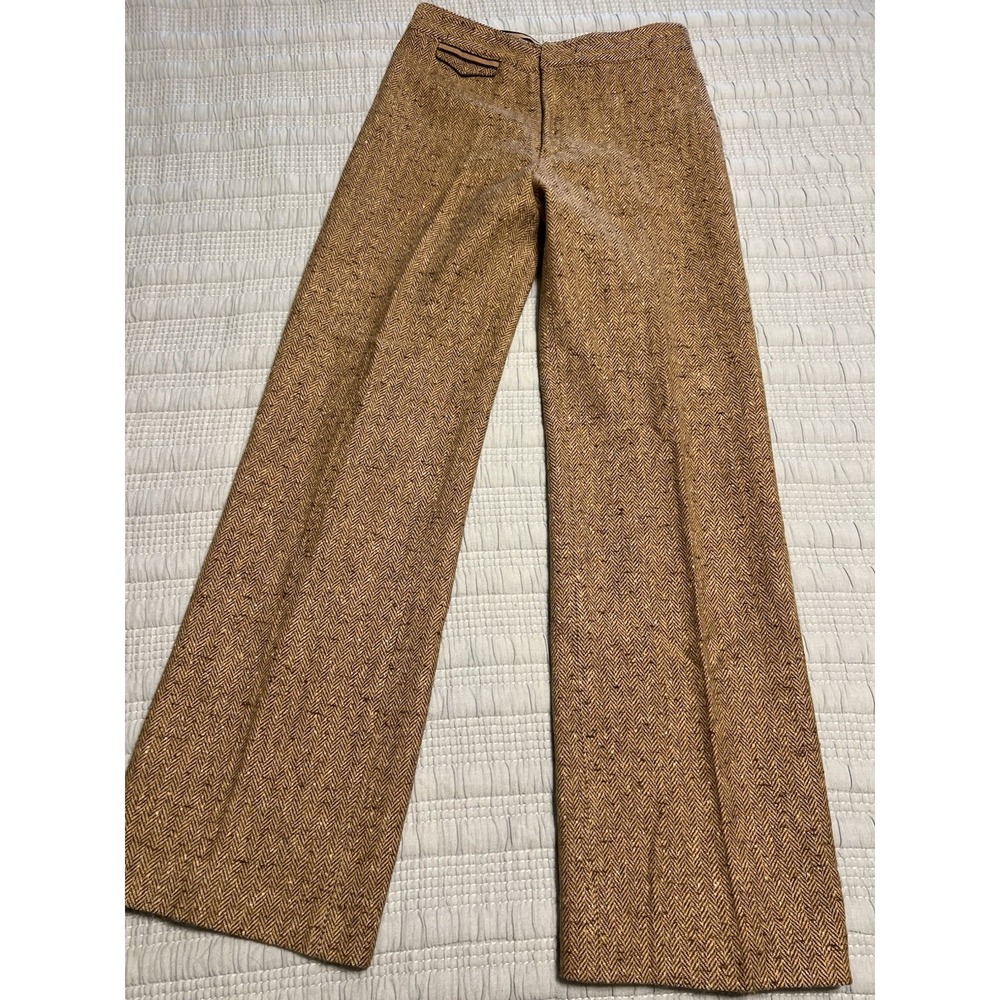 VTG TIBI brown Wool Tweed Herringbone Business Wide Leg Trouser Pleated Pants 4